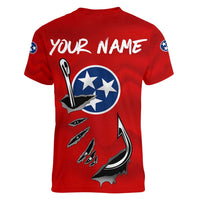 Tennessee Flag Fishing Women V-Neck T-Shirt with Ripped Hook Graphic and Triple Star Symbol in Red and Blue - Wonder Print Shop