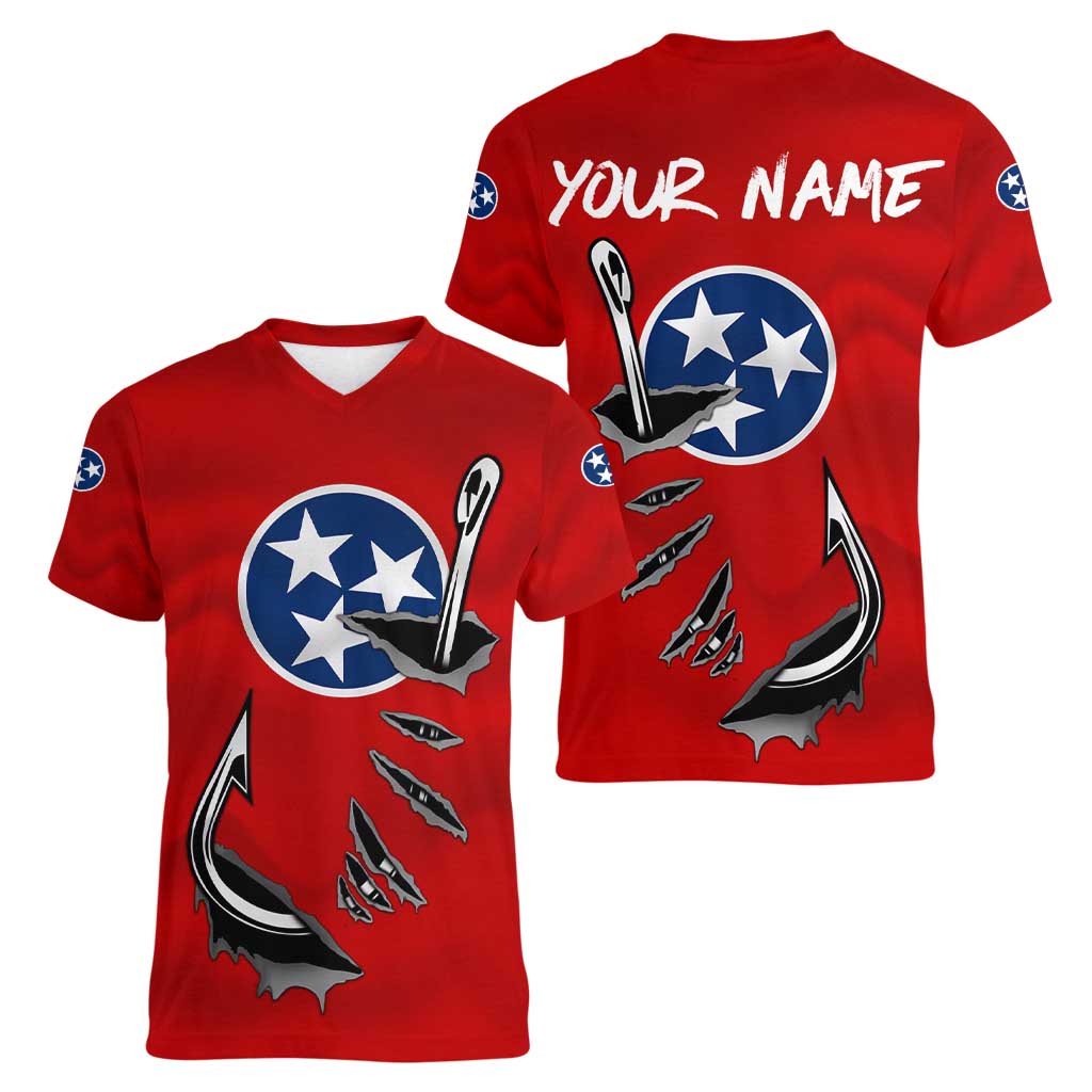 Tennessee Flag Fishing Women V-Neck T-Shirt with Ripped Hook Graphic and Triple Star Symbol in Red and Blue - Wonder Print Shop