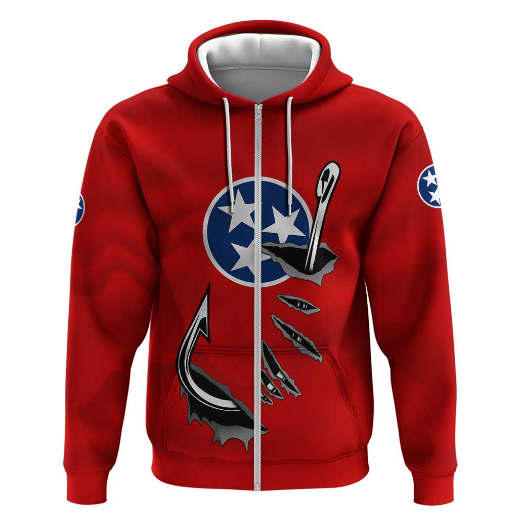 Tennessee Flag Fishing Zip Hoodie with Ripped Hook Graphic and Triple Star Symbol in Red and Blue - Wonder Print Shop