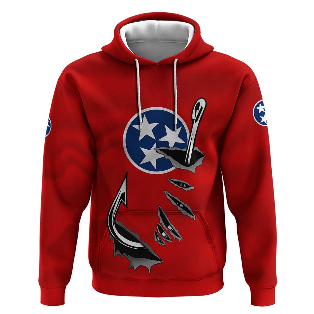 Tennessee Flag Fishing Zip Hoodie with Ripped Hook Graphic and Triple Star Symbol in Red and Blue - Wonder Print Shop