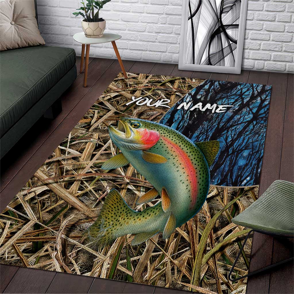 Rainbow Trout Fishing Area Rug with Camouflage Reeds and Forest Background in Nature-Inspired Colors - Wonder Print Shop