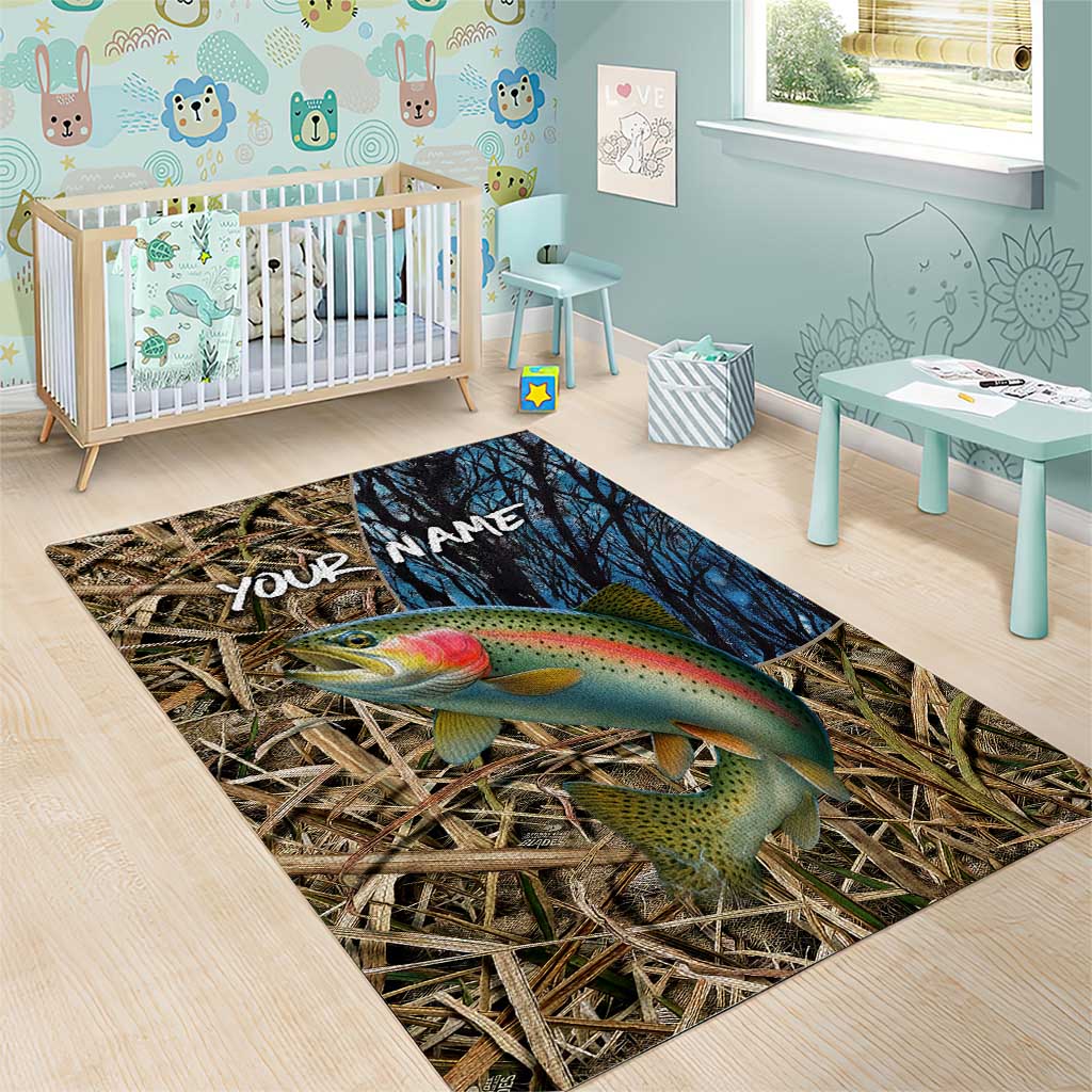 Rainbow Trout Fishing Area Rug with Camouflage Reeds and Forest Background in Nature-Inspired Colors - Wonder Print Shop