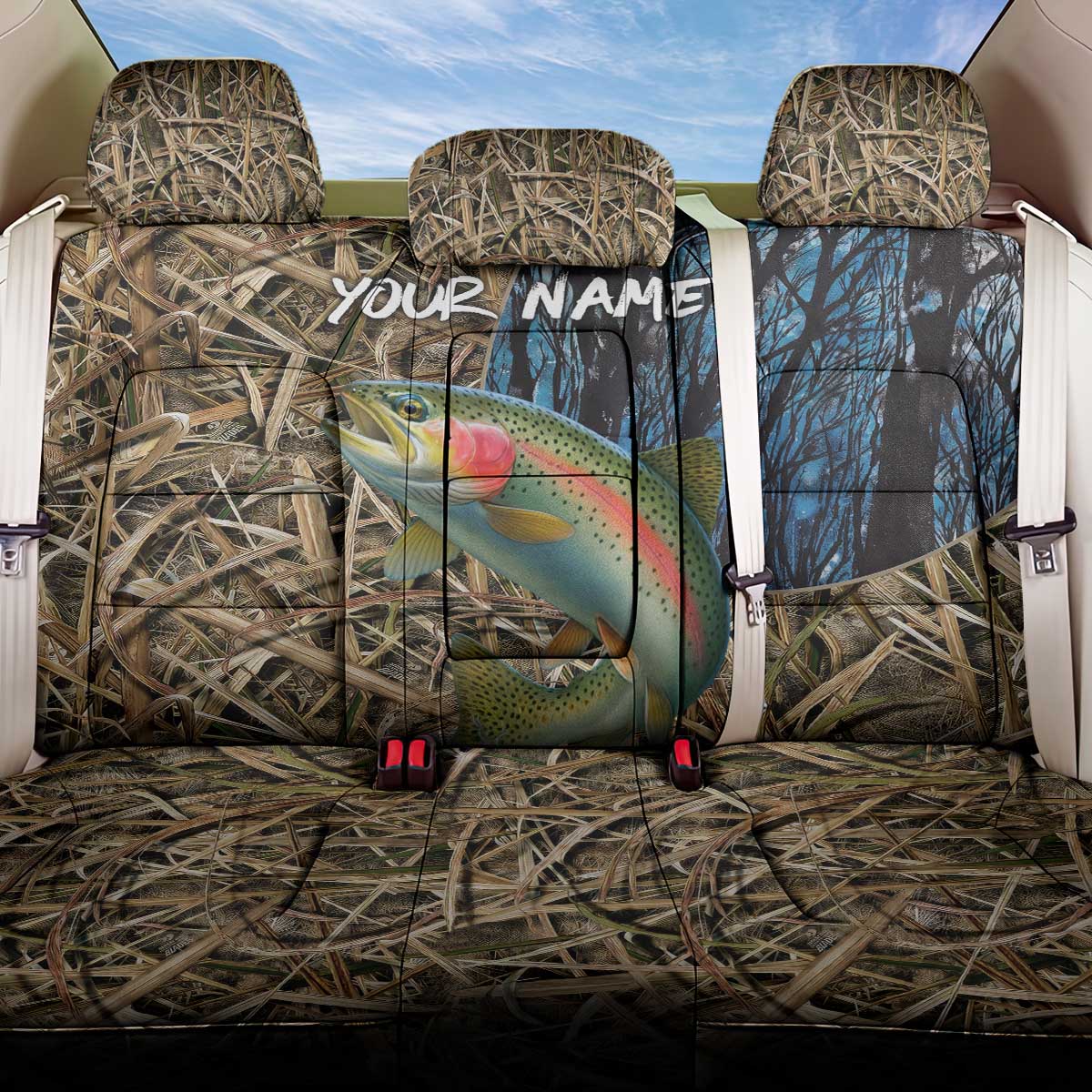 Rainbow Trout Fishing Back Car Seat Cover with Camouflage Reeds and Forest Background in Nature-Inspired Colors - Wonder Print Shop