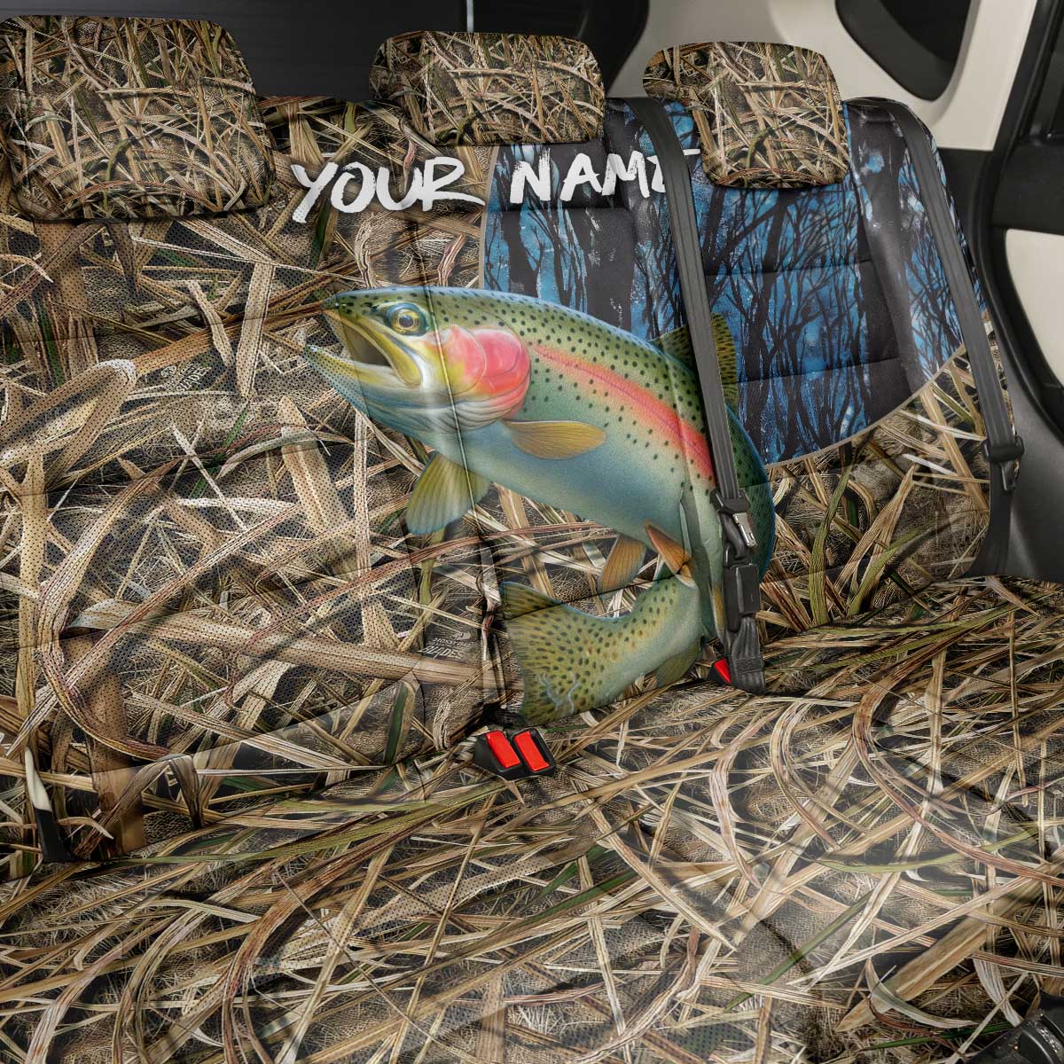 Rainbow Trout Fishing Back Car Seat Cover with Camouflage Reeds and Forest Background in Nature-Inspired Colors - Wonder Print Shop