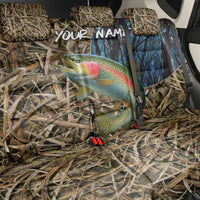 Rainbow Trout Fishing Back Car Seat Cover with Camouflage Reeds and Forest Background in Nature-Inspired Colors - Wonder Print Shop