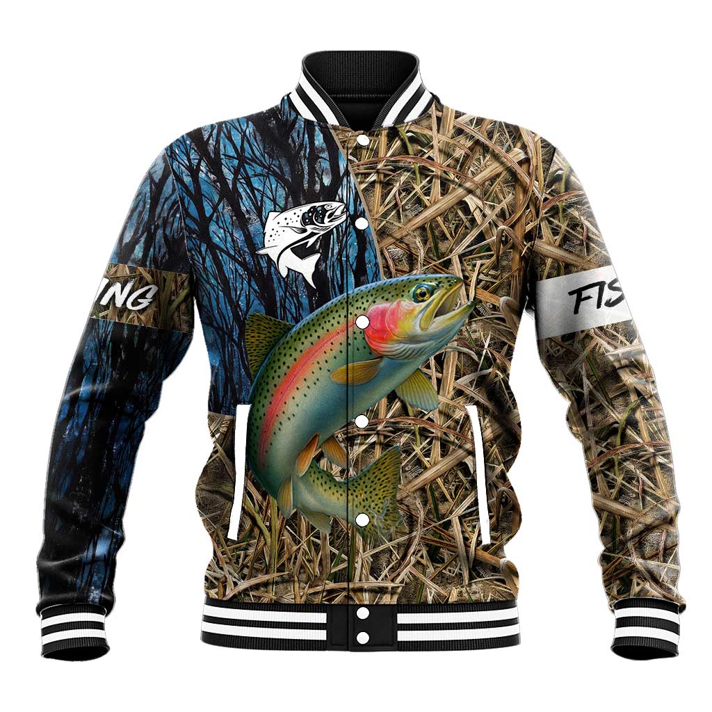 Rainbow Trout Fishing Baseball Jacket with Camouflage Reeds and Forest Background in Nature-Inspired Colors - Wonder Print Shop