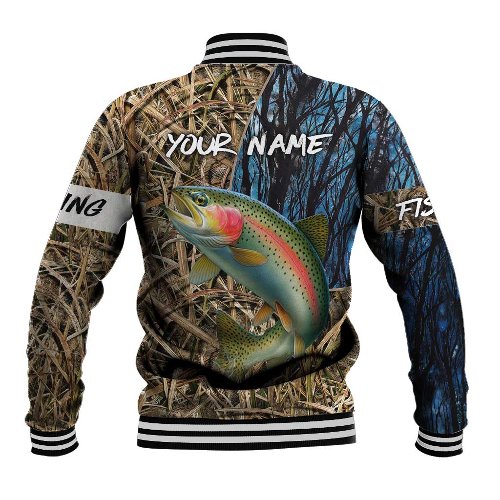 Rainbow Trout Fishing Baseball Jacket with Camouflage Reeds and Forest Background in Nature-Inspired Colors - Wonder Print Shop