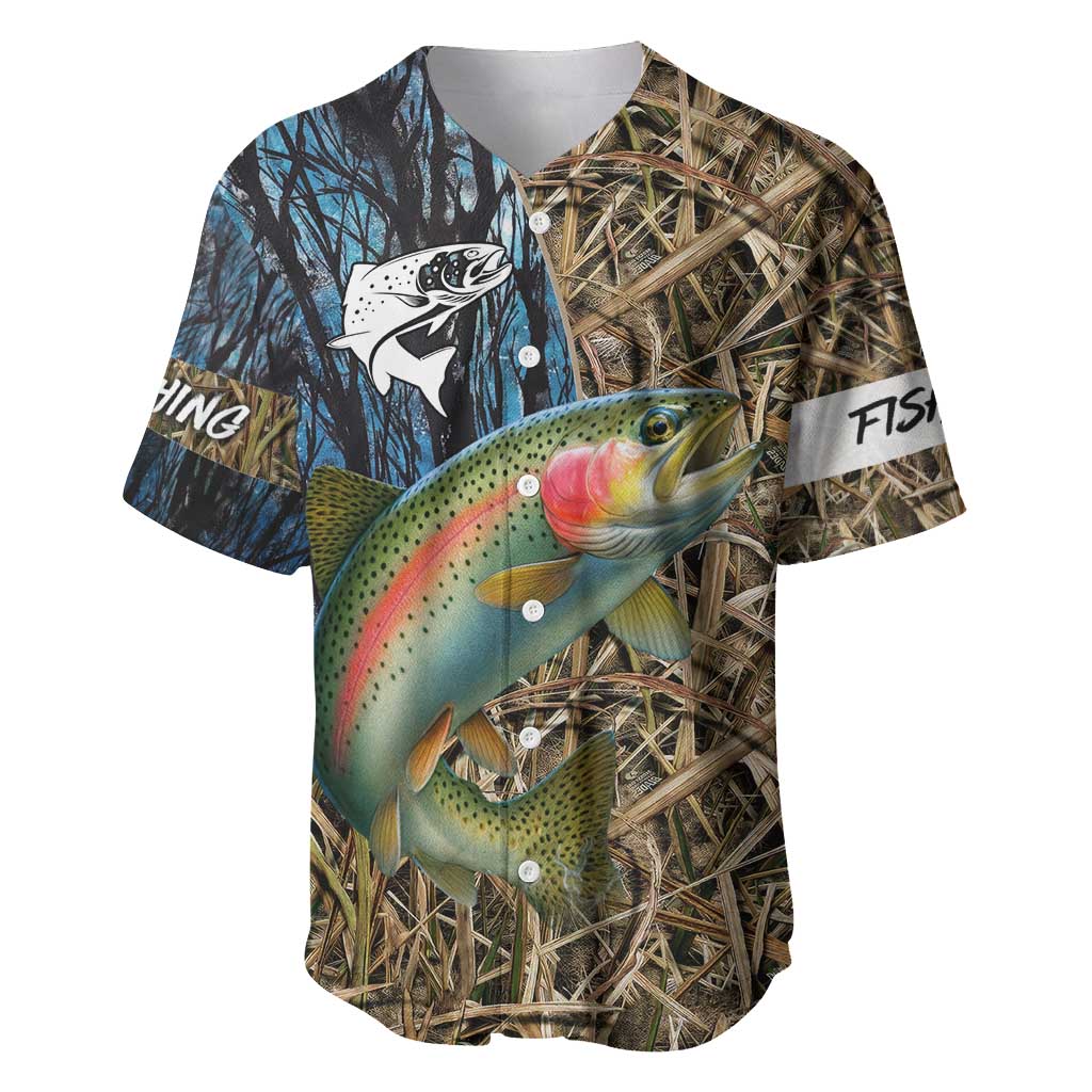 Rainbow Trout Fishing Baseball Jersey with Camouflage Reeds and Forest Background in Nature-Inspired Colors - Wonder Print Shop