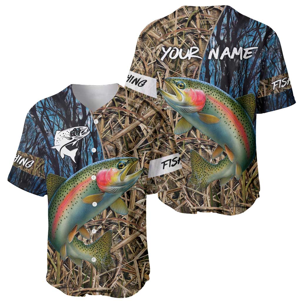 Rainbow Trout Fishing Baseball Jersey with Camouflage Reeds and Forest Background in Nature-Inspired Colors - Wonder Print Shop
