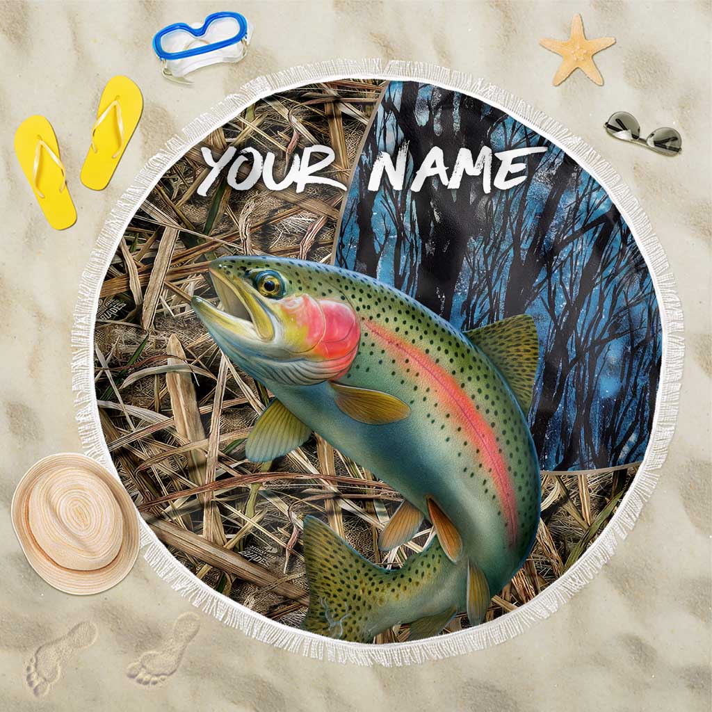 Rainbow Trout Fishing Beach Blanket with Camouflage Reeds and Forest Background in Nature-Inspired Colors - Wonder Print Shop