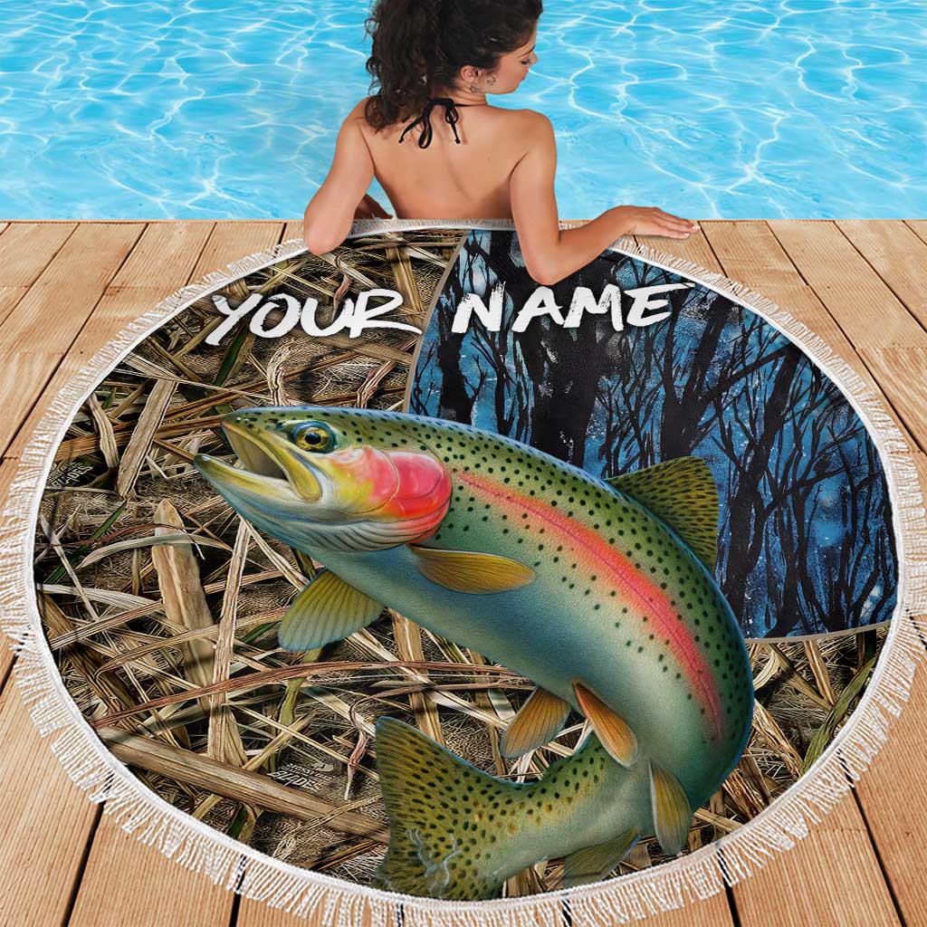 Rainbow Trout Fishing Beach Blanket with Camouflage Reeds and Forest Background in Nature-Inspired Colors - Wonder Print Shop