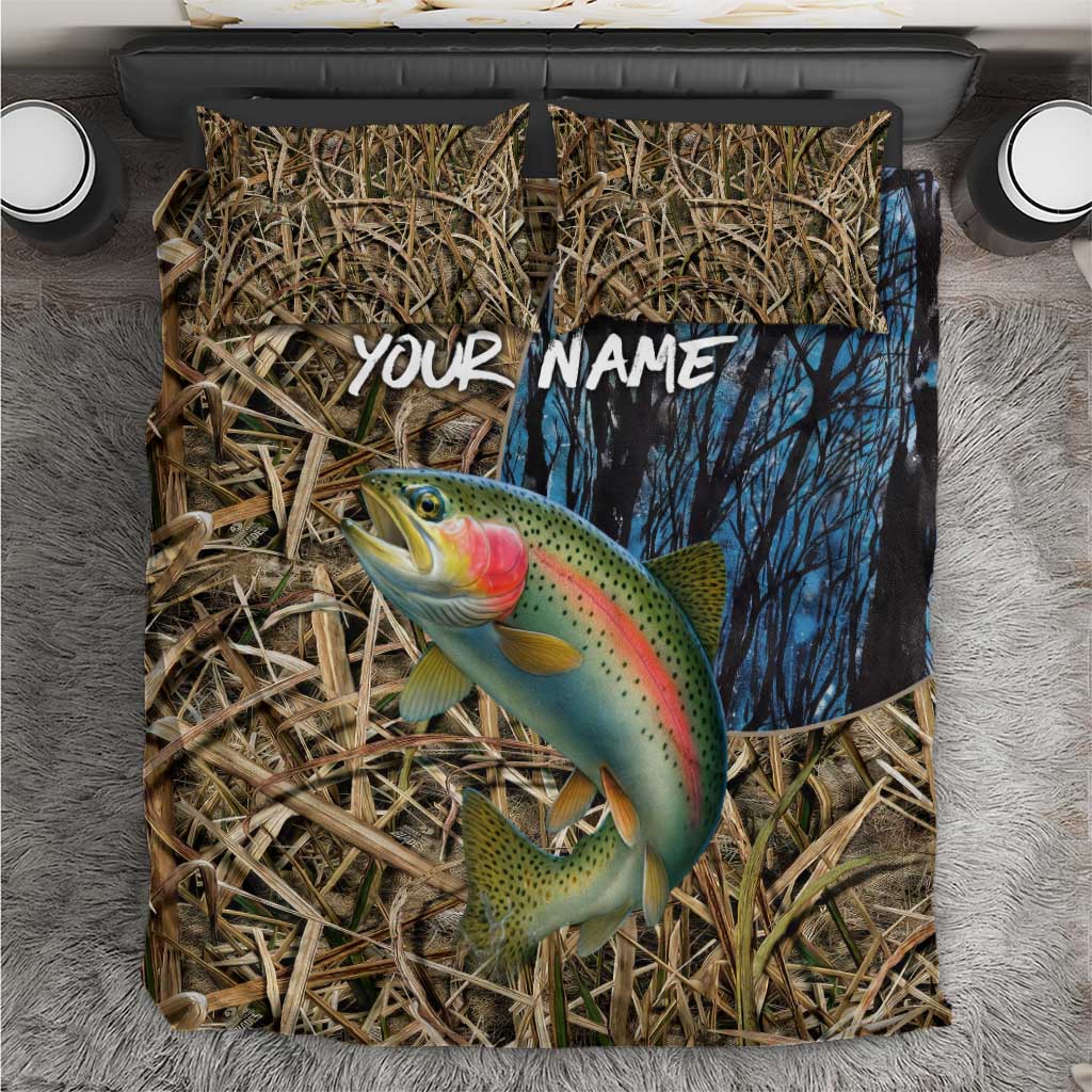 Rainbow Trout Fishing Bedding Set with Camouflage Reeds and Forest Background in Nature-Inspired Colors - Wonder Print Shop