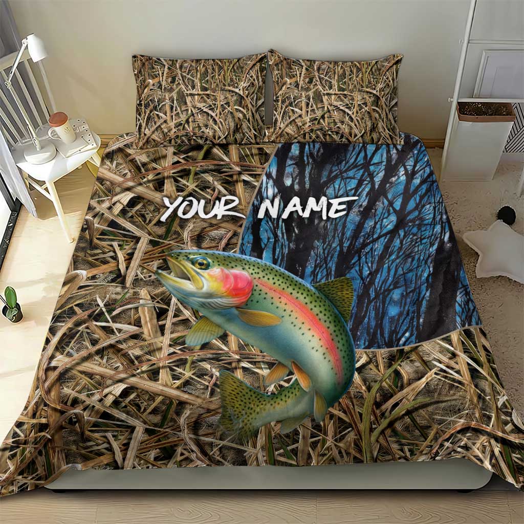 Rainbow Trout Fishing Bedding Set with Camouflage Reeds and Forest Background in Nature-Inspired Colors - Wonder Print Shop