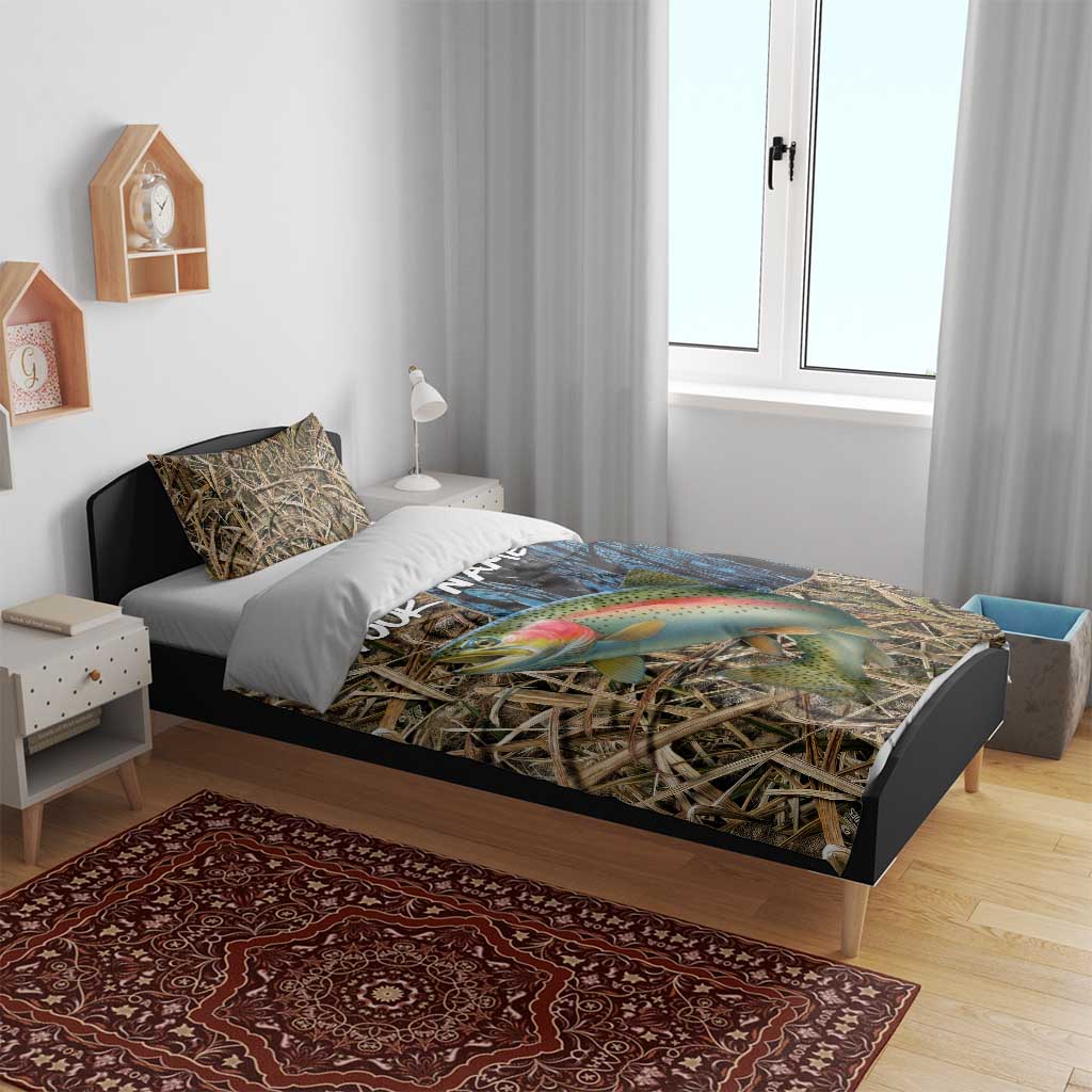 Rainbow Trout Fishing Bedding Set with Camouflage Reeds and Forest Background in Nature-Inspired Colors - Wonder Print Shop