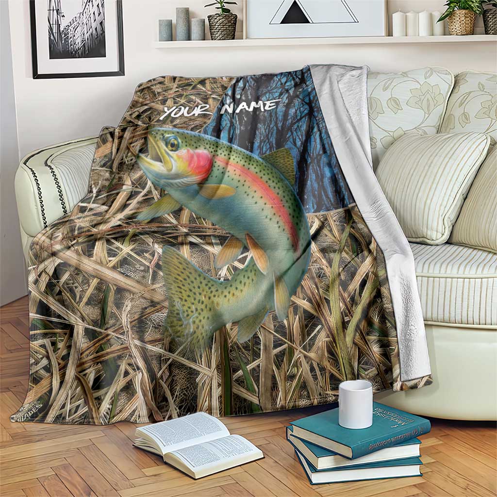 Rainbow Trout Fishing Blanket with Camouflage Reeds and Forest Background in Nature-Inspired Colors - Wonder Print Shop