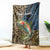 Rainbow Trout Fishing Blanket with Camouflage Reeds and Forest Background in Nature-Inspired Colors - Wonder Print Shop