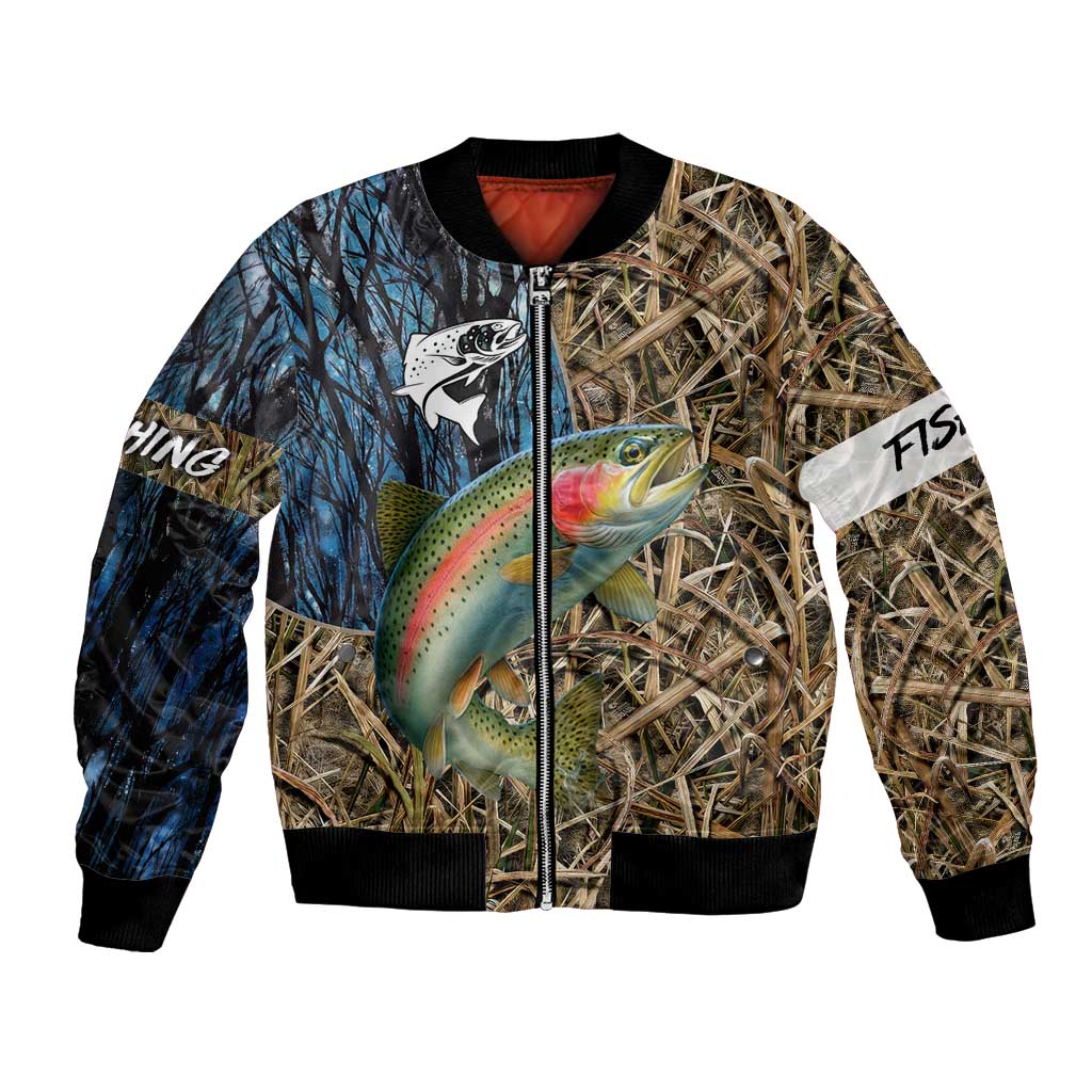 Rainbow Trout Fishing Bomber Jacket with Camouflage Reeds and Forest Background in Nature-Inspired Colors - Wonder Print Shop