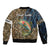 Rainbow Trout Fishing Bomber Jacket with Camouflage Reeds and Forest Background in Nature-Inspired Colors - Wonder Print Shop