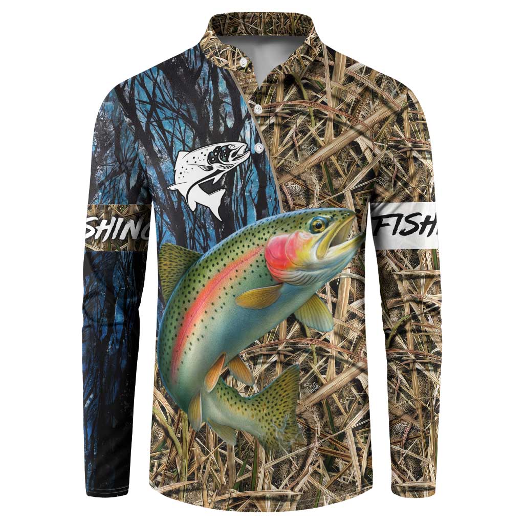 Rainbow Trout Fishing Button Sweatshirt with Camouflage Reeds and Forest Background in Nature-Inspired Colors - Wonder Print Shop