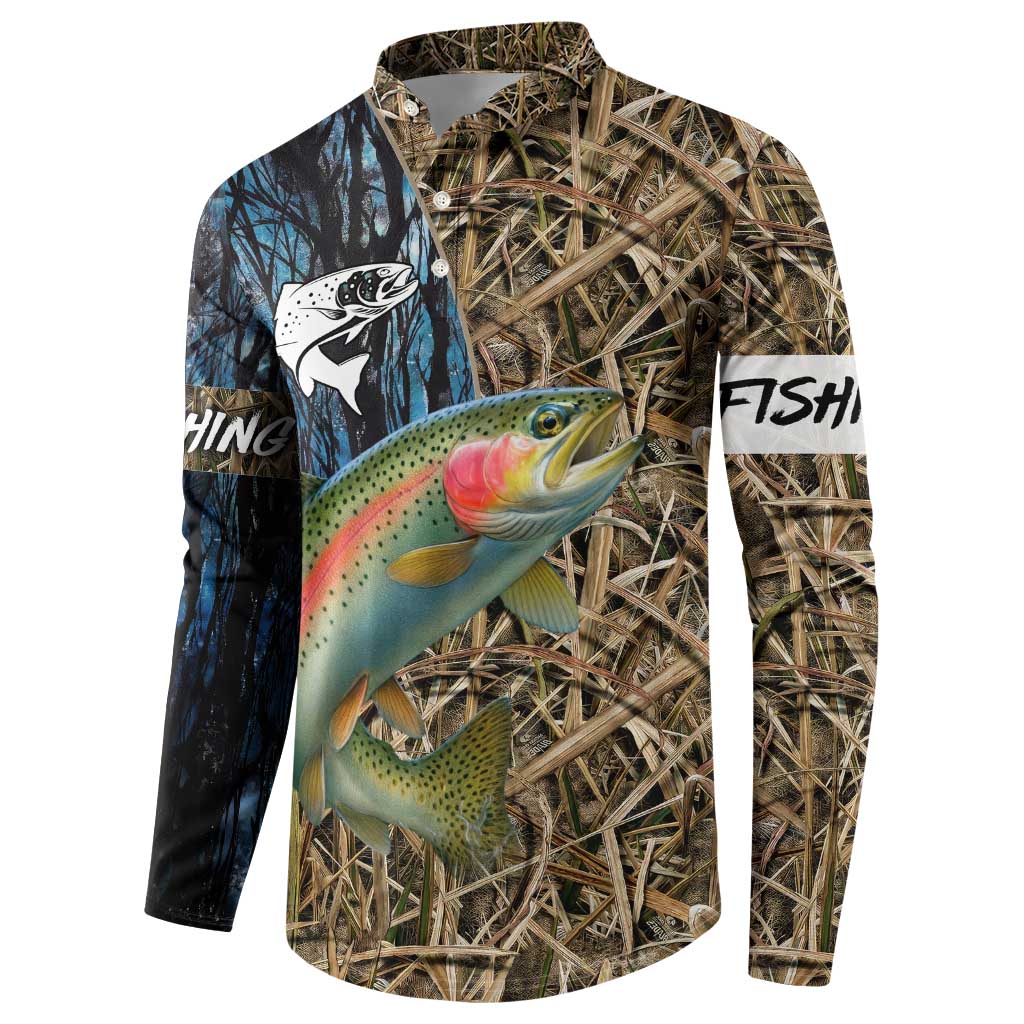 Rainbow Trout Fishing Button Sweatshirt with Camouflage Reeds and Forest Background in Nature-Inspired Colors - Wonder Print Shop