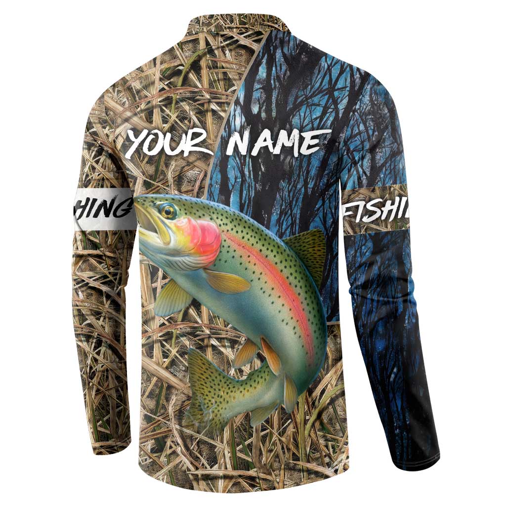Rainbow Trout Fishing Button Sweatshirt with Camouflage Reeds and Forest Background in Nature-Inspired Colors - Wonder Print Shop
