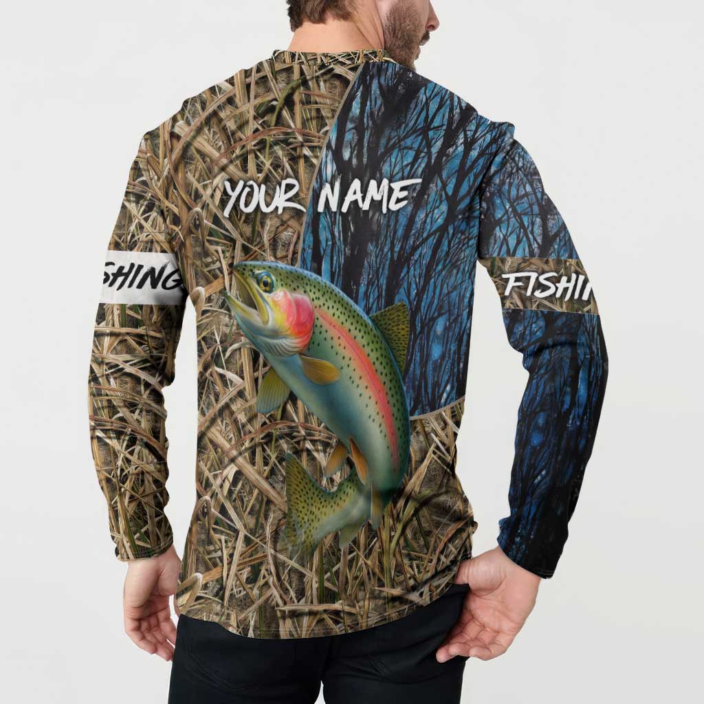 Rainbow Trout Fishing Button Sweatshirt with Camouflage Reeds and Forest Background in Nature-Inspired Colors - Wonder Print Shop