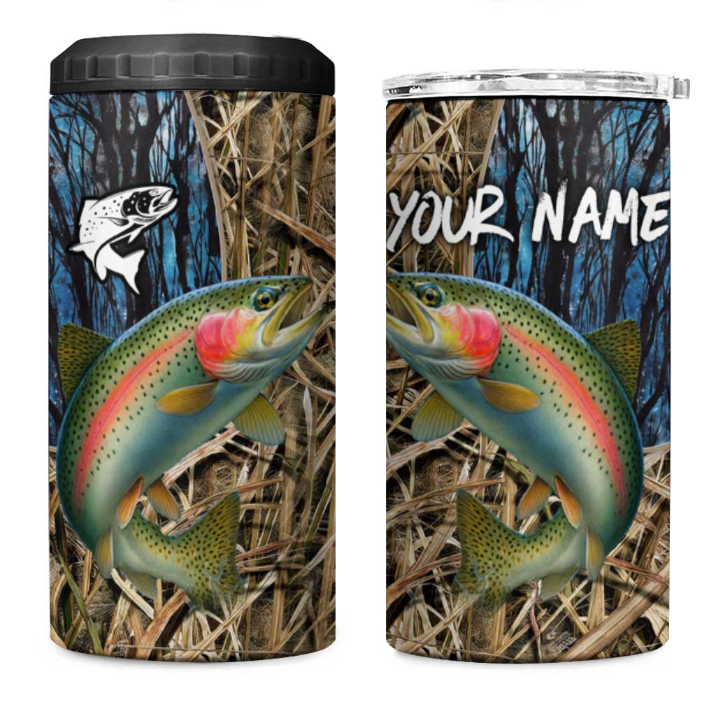 Rainbow Trout Fishing 4 in 1 Can Cooler Tumbler with Camouflage Reeds and Forest Background in Nature-Inspired Colors - Wonder Print Shop