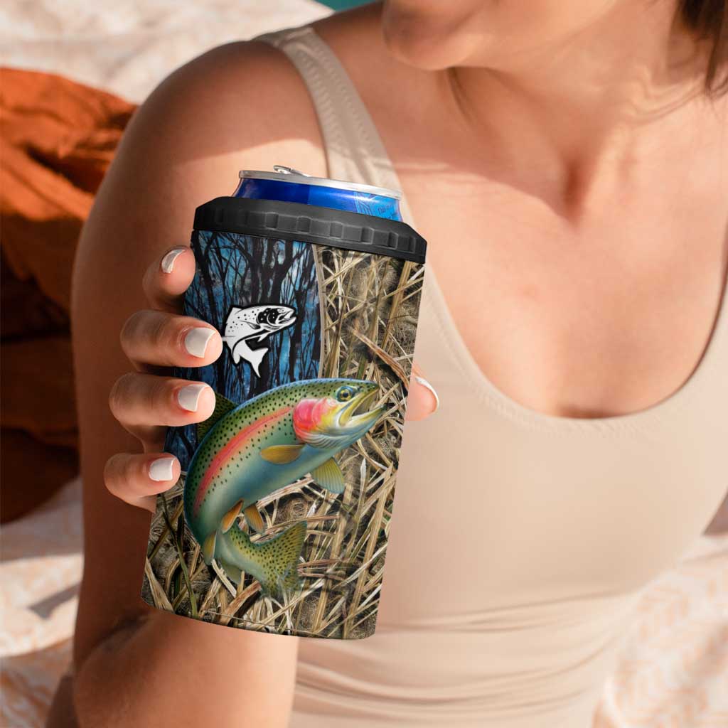 Rainbow Trout Fishing 4 in 1 Can Cooler Tumbler with Camouflage Reeds and Forest Background in Nature-Inspired Colors - Wonder Print Shop
