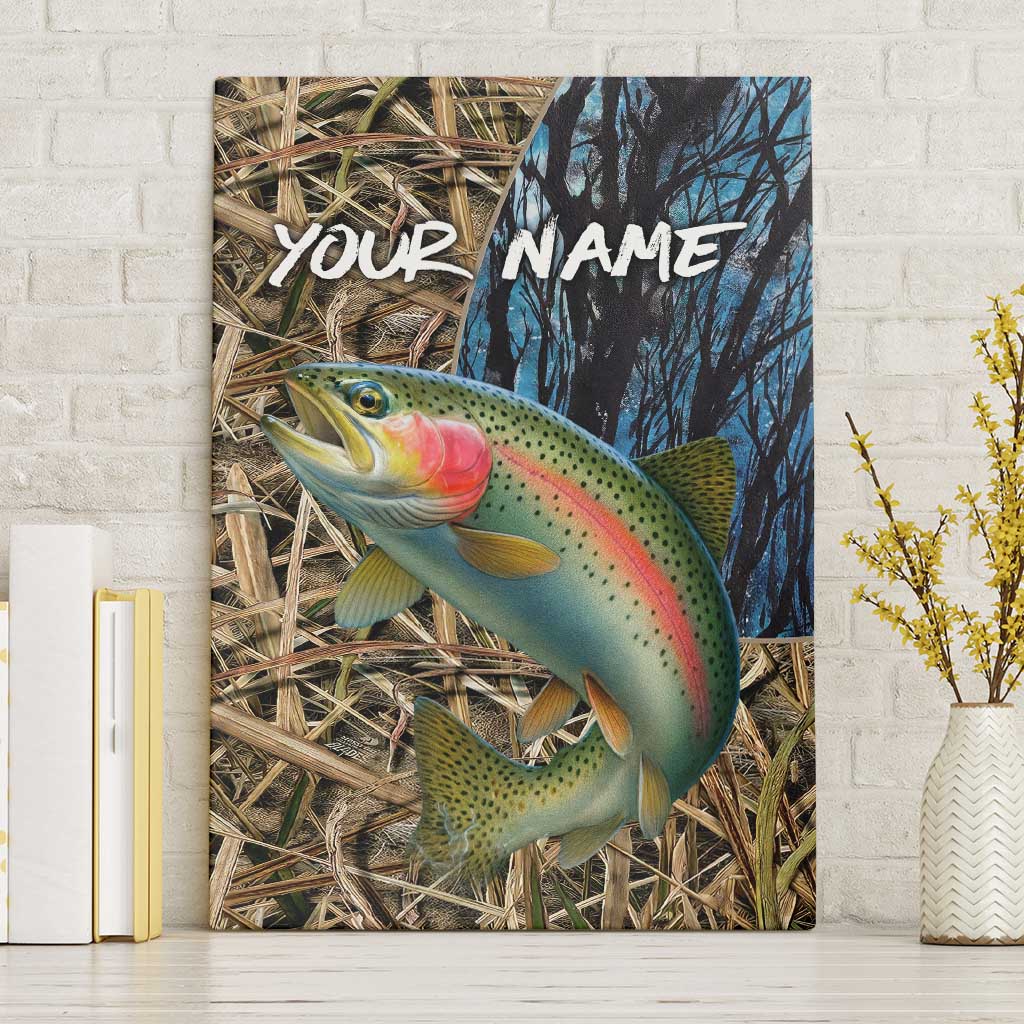 Rainbow Trout Fishing Canvas Wall Art with Camouflage Reeds and Forest Background in Nature-Inspired Colors - Wonder Print Shop