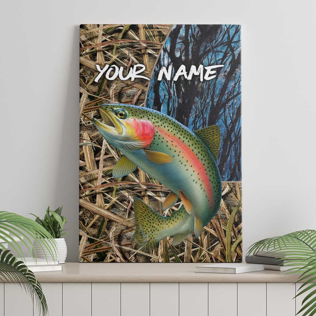 Rainbow Trout Fishing Canvas Wall Art with Camouflage Reeds and Forest Background in Nature-Inspired Colors - Wonder Print Shop