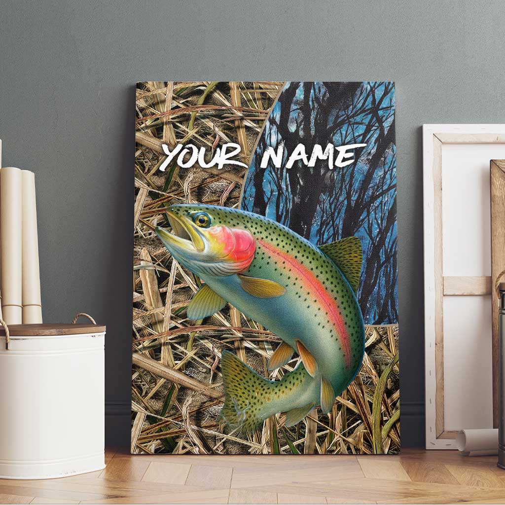 Rainbow Trout Fishing Canvas Wall Art with Camouflage Reeds and Forest Background in Nature-Inspired Colors - Wonder Print Shop