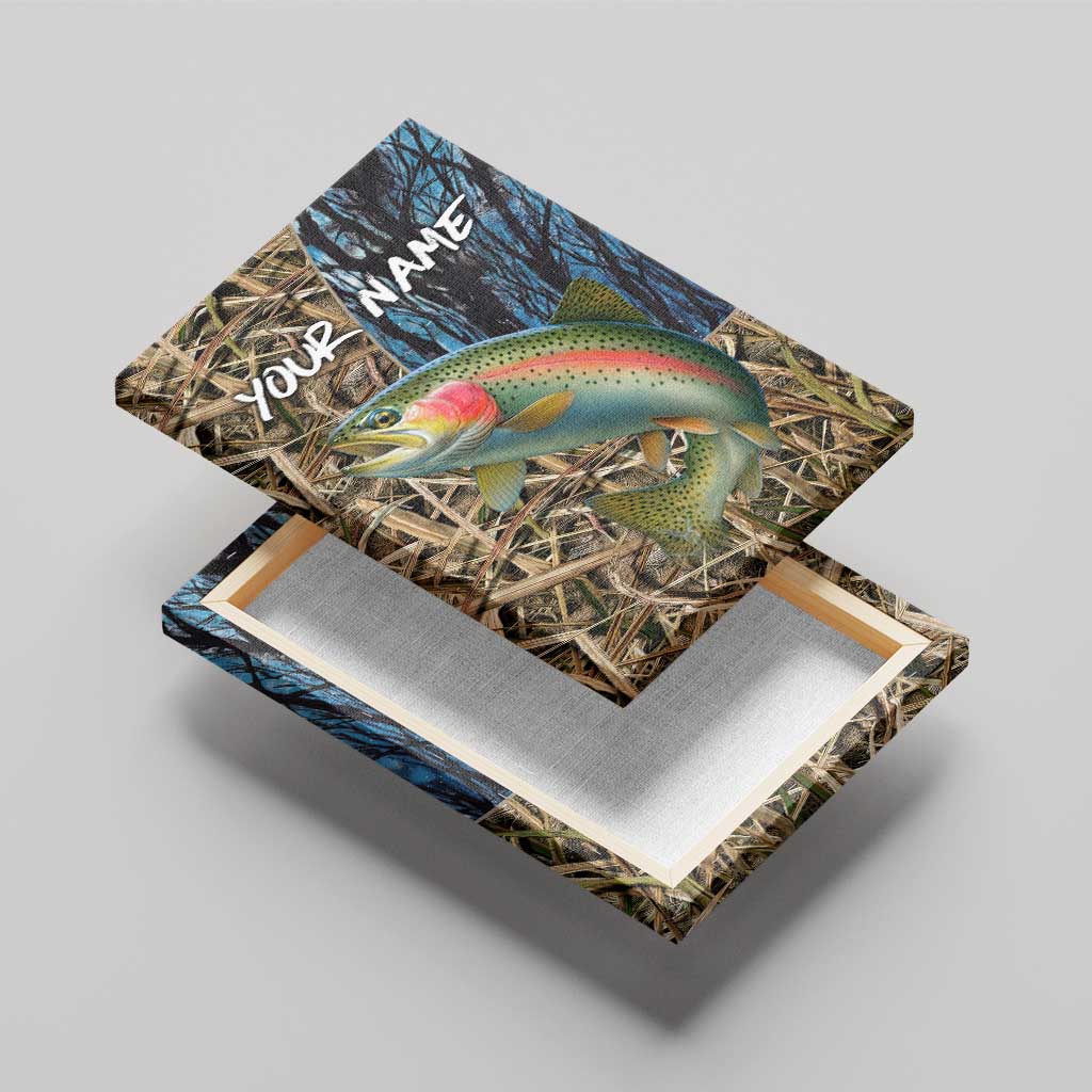 Rainbow Trout Fishing Canvas Wall Art with Camouflage Reeds and Forest Background in Nature-Inspired Colors - Wonder Print Shop