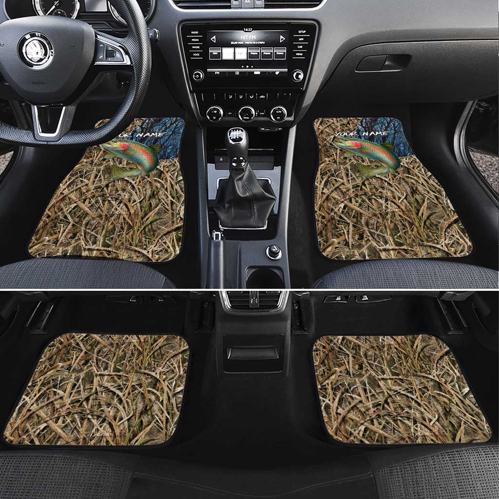 Rainbow Trout Fishing Car Mats with Camouflage Reeds and Forest Background in Nature-Inspired Colors - Wonder Print Shop