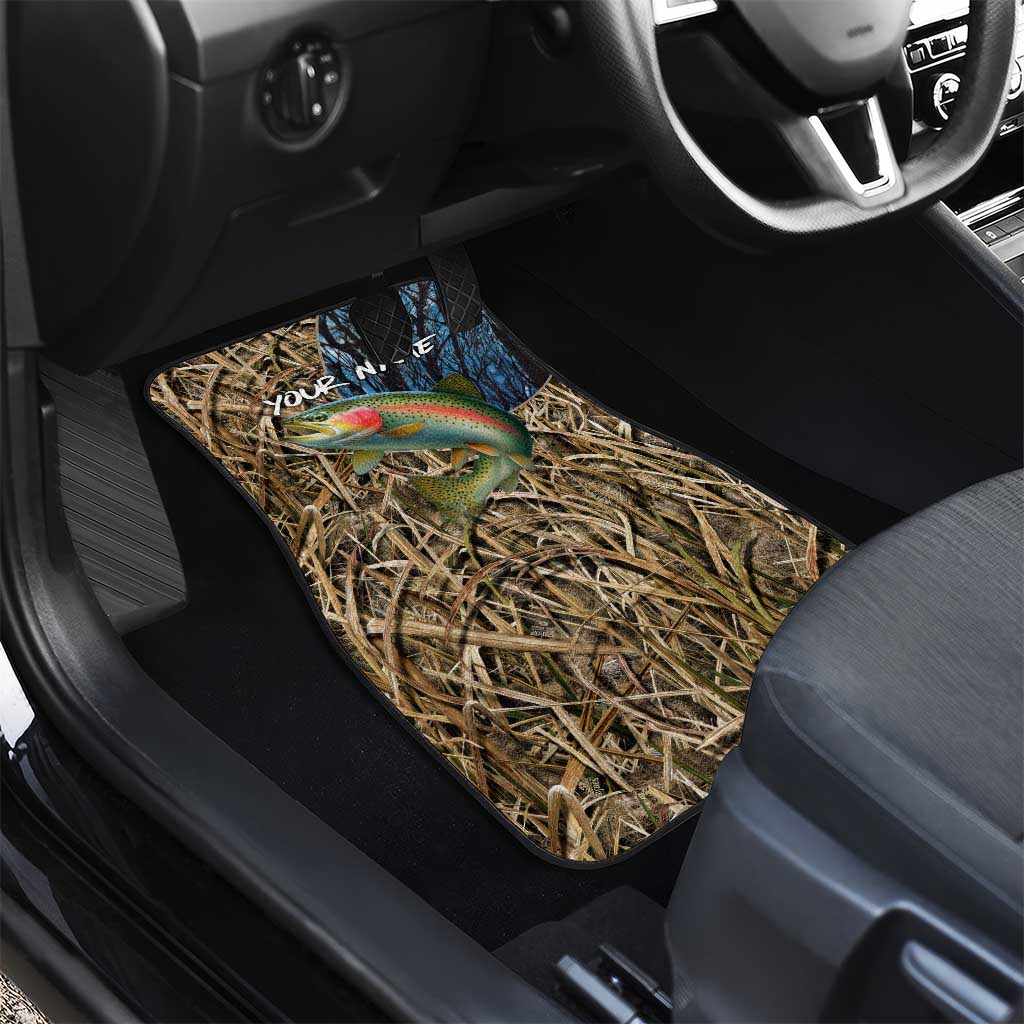Rainbow Trout Fishing Car Mats with Camouflage Reeds and Forest Background in Nature-Inspired Colors - Wonder Print Shop