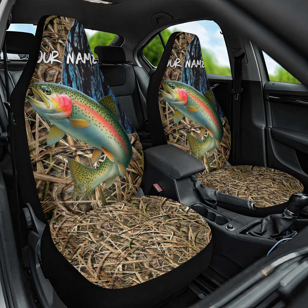 Rainbow Trout Fishing Car Seat Cover with Camouflage Reeds and Forest Background in Nature-Inspired Colors - Wonder Print Shop