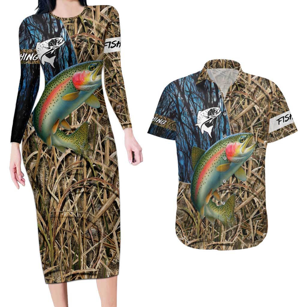 Rainbow Trout Fishing Couples Matching Long Sleeve Bodycon Dress and Hawaiian Shirt with Camouflage Reeds and Forest Background in Nature-Inspired Colors - Wonder Print Shop