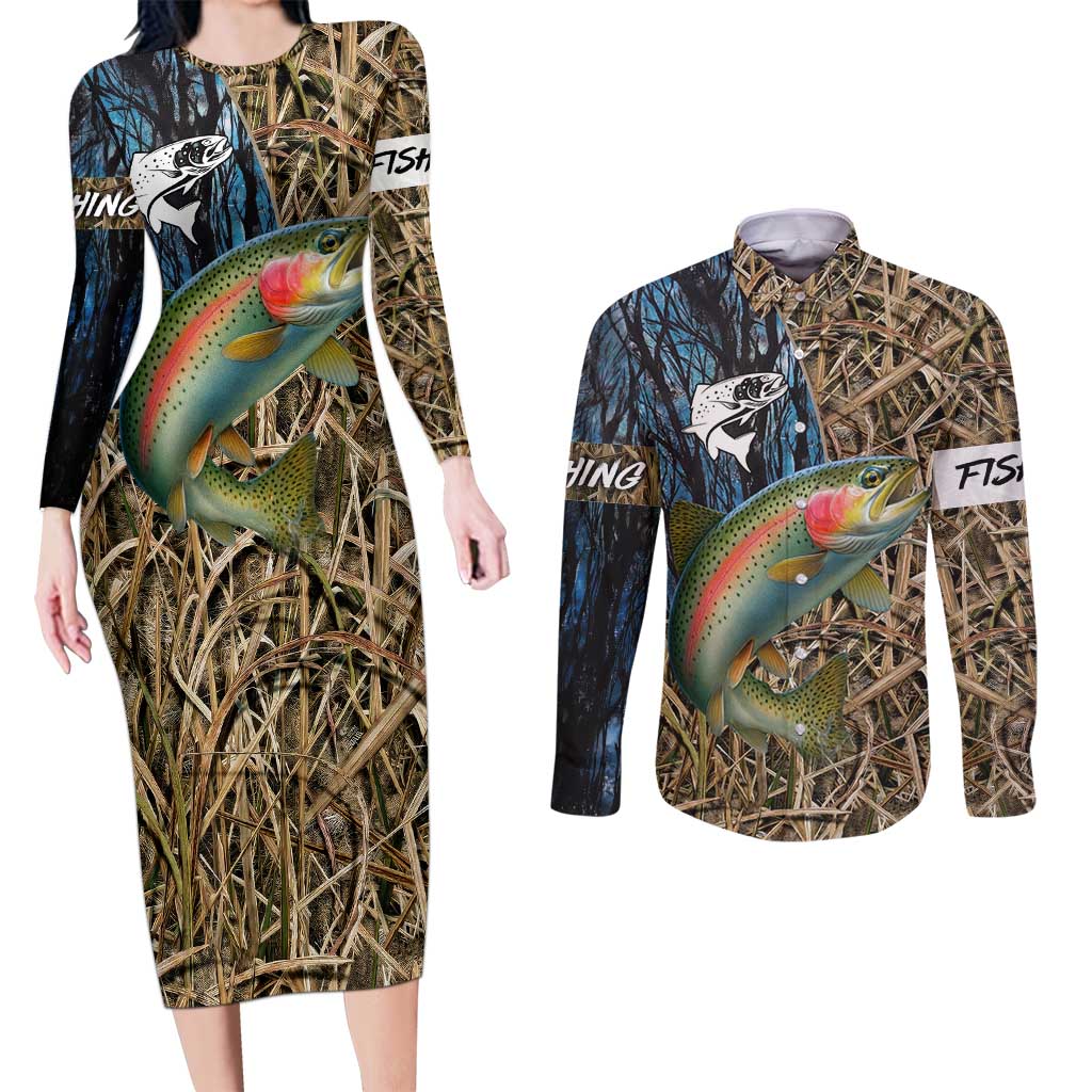 Rainbow Trout Fishing Couples Matching Long Sleeve Bodycon Dress and Long Sleeve Button Shirt with Camouflage Reeds and Forest Background in Nature-Inspired Colors - Wonder Print Shop
