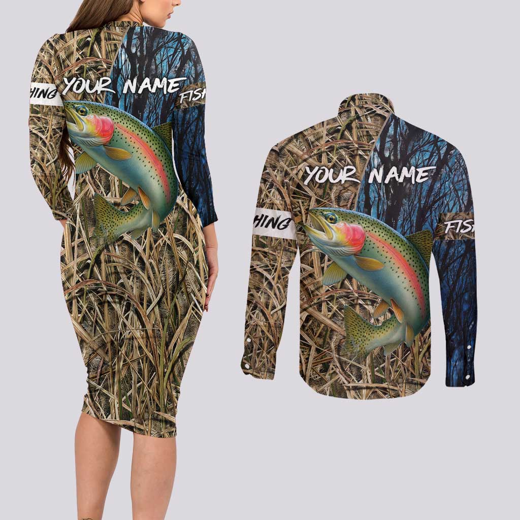 Rainbow Trout Fishing Couples Matching Long Sleeve Bodycon Dress and Long Sleeve Button Shirt with Camouflage Reeds and Forest Background in Nature-Inspired Colors - Wonder Print Shop