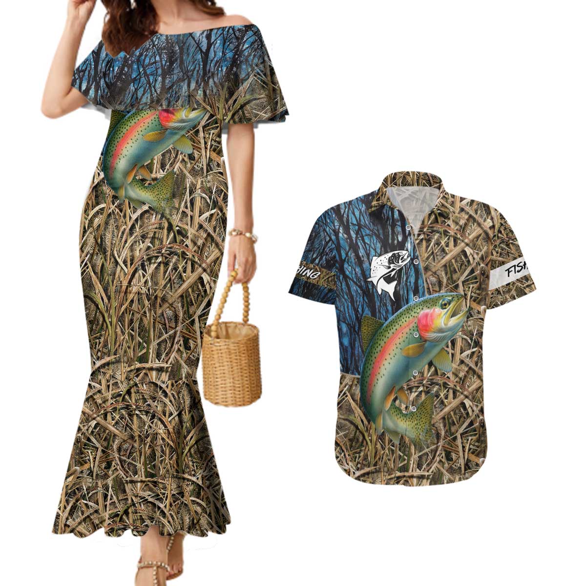 Rainbow Trout Fishing Couples Matching Mermaid Dress and Hawaiian Shirt with Camouflage Reeds and Forest Background in Nature-Inspired Colors - Wonder Print Shop