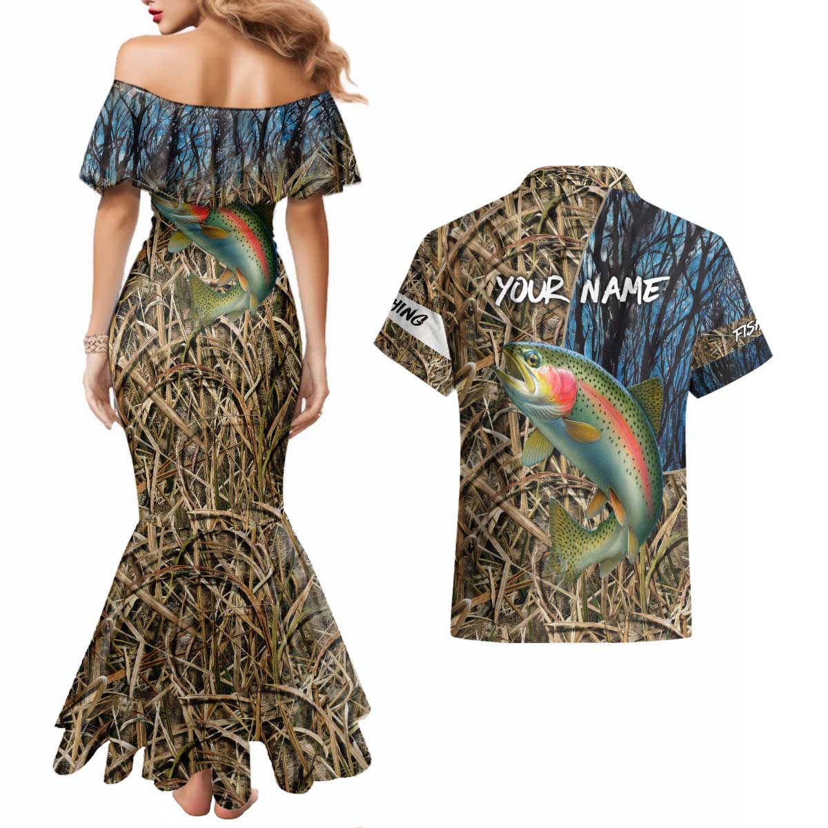 Rainbow Trout Fishing Couples Matching Mermaid Dress and Hawaiian Shirt with Camouflage Reeds and Forest Background in Nature-Inspired Colors - Wonder Print Shop