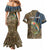 Rainbow Trout Fishing Couples Matching Mermaid Dress and Hawaiian Shirt with Camouflage Reeds and Forest Background in Nature-Inspired Colors - Wonder Print Shop