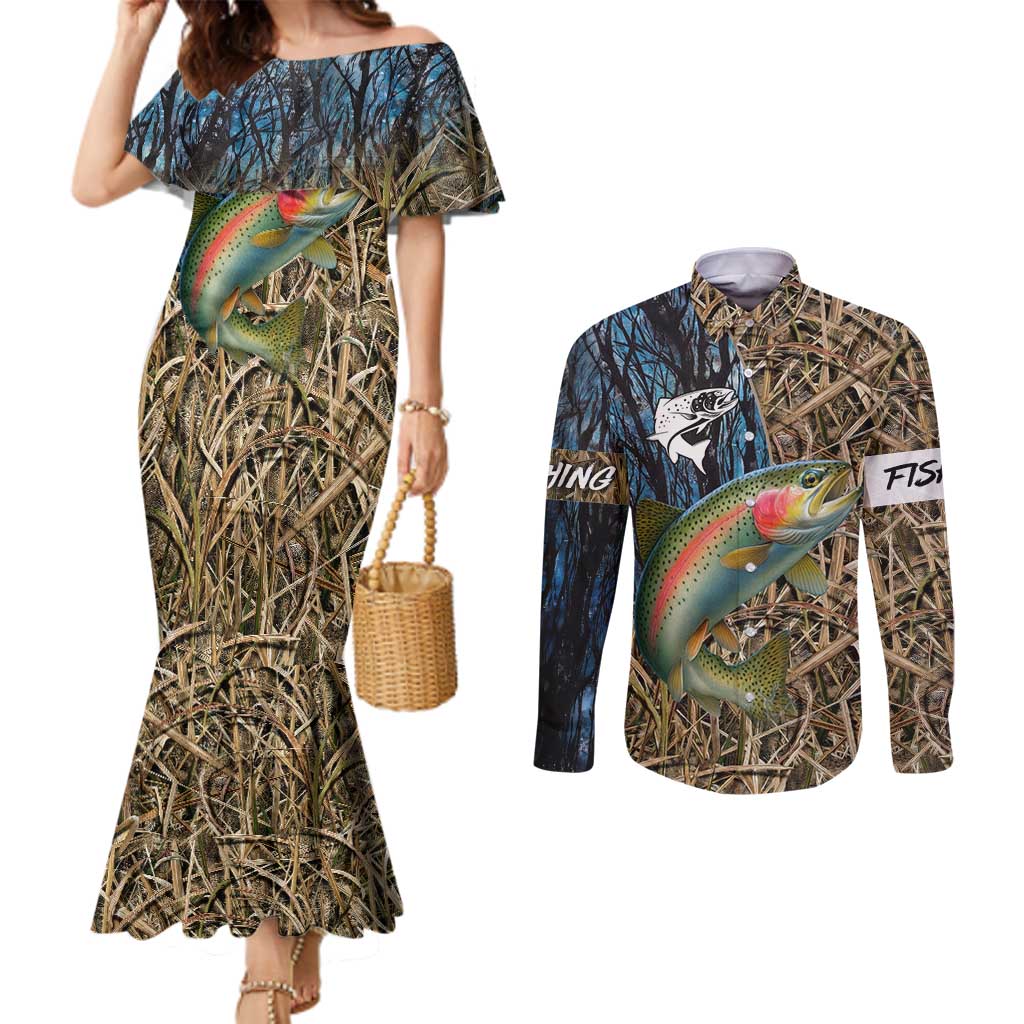 Rainbow Trout Fishing Couples Matching Mermaid Dress and Long Sleeve Button Shirt with Camouflage Reeds and Forest Background in Nature-Inspired Colors - Wonder Print Shop