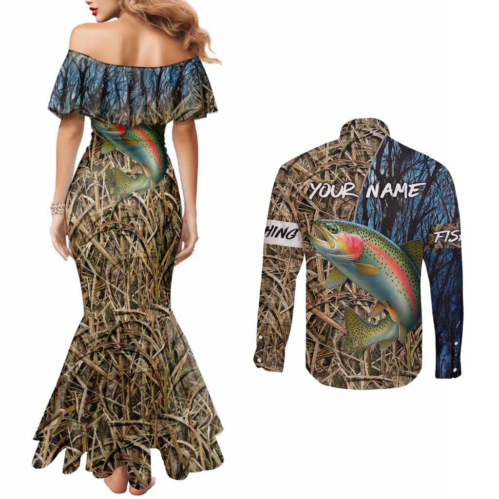 Rainbow Trout Fishing Couples Matching Mermaid Dress and Long Sleeve Button Shirt with Camouflage Reeds and Forest Background in Nature-Inspired Colors - Wonder Print Shop
