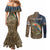 Rainbow Trout Fishing Couples Matching Mermaid Dress and Long Sleeve Button Shirt with Camouflage Reeds and Forest Background in Nature-Inspired Colors - Wonder Print Shop