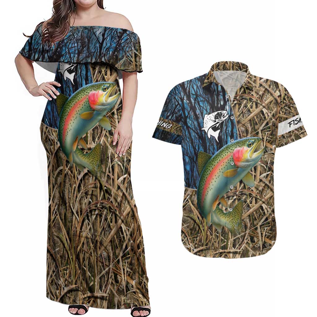 Rainbow Trout Fishing Couples Matching Off Shoulder Maxi Dress and Hawaiian Shirt with Camouflage Reeds and Forest Background in Nature-Inspired Colors - Wonder Print Shop