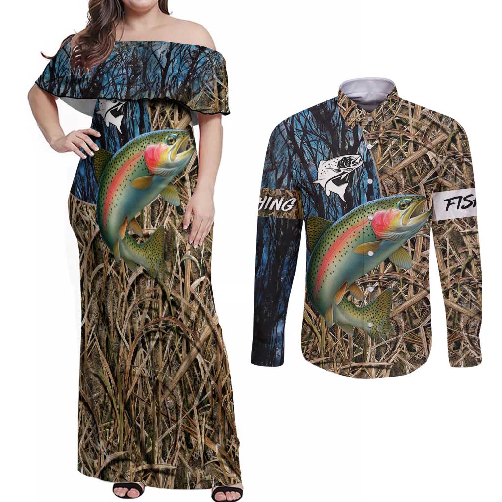 Rainbow Trout Fishing Couples Matching Off Shoulder Maxi Dress and Long Sleeve Button Shirt with Camouflage Reeds and Forest Background in Nature-Inspired Colors - Wonder Print Shop