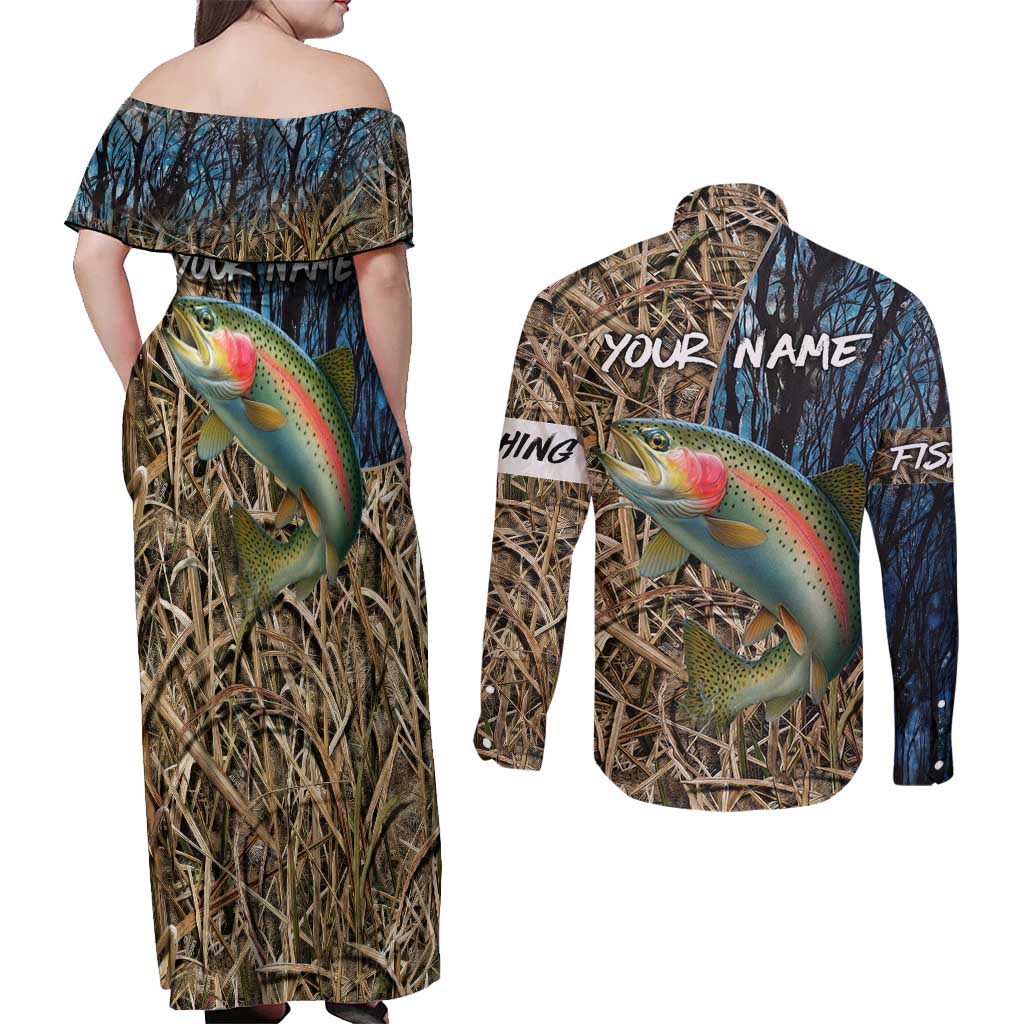 Rainbow Trout Fishing Couples Matching Off Shoulder Maxi Dress and Long Sleeve Button Shirt with Camouflage Reeds and Forest Background in Nature-Inspired Colors - Wonder Print Shop
