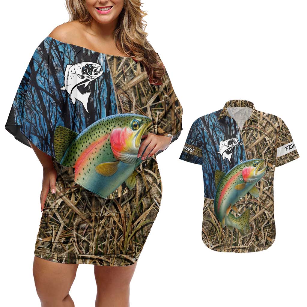 Rainbow Trout Fishing Couples Matching Off Shoulder Short Dress and Hawaiian Shirt with Camouflage Reeds and Forest Background in Nature-Inspired Colors - Wonder Print Shop