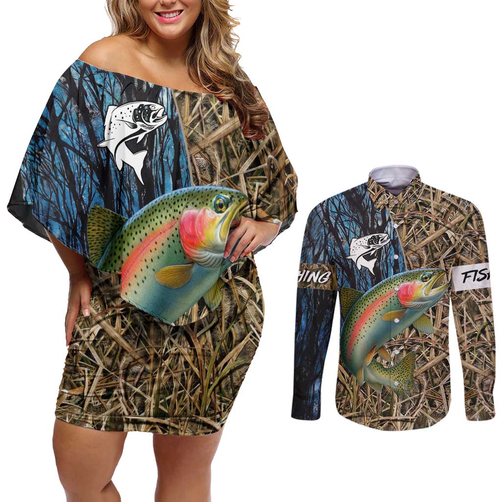 Rainbow Trout Fishing Couples Matching Off Shoulder Short Dress and Long Sleeve Button Shirt with Camouflage Reeds and Forest Background in Nature-Inspired Colors - Wonder Print Shop