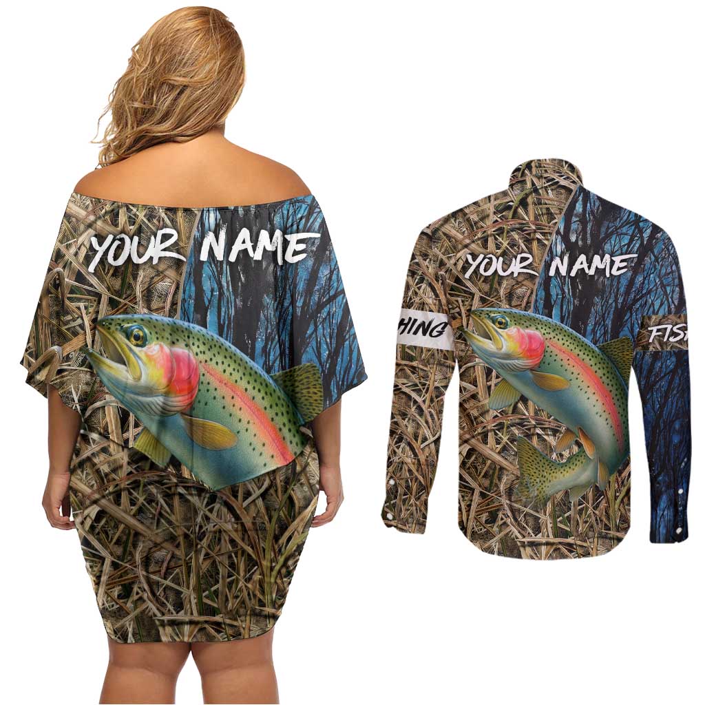 Rainbow Trout Fishing Couples Matching Off Shoulder Short Dress and Long Sleeve Button Shirt with Camouflage Reeds and Forest Background in Nature-Inspired Colors - Wonder Print Shop